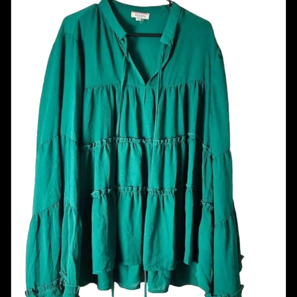 Andree By Unit Blouse Plus Size M Green Bell Sleeve Tiered Boho
